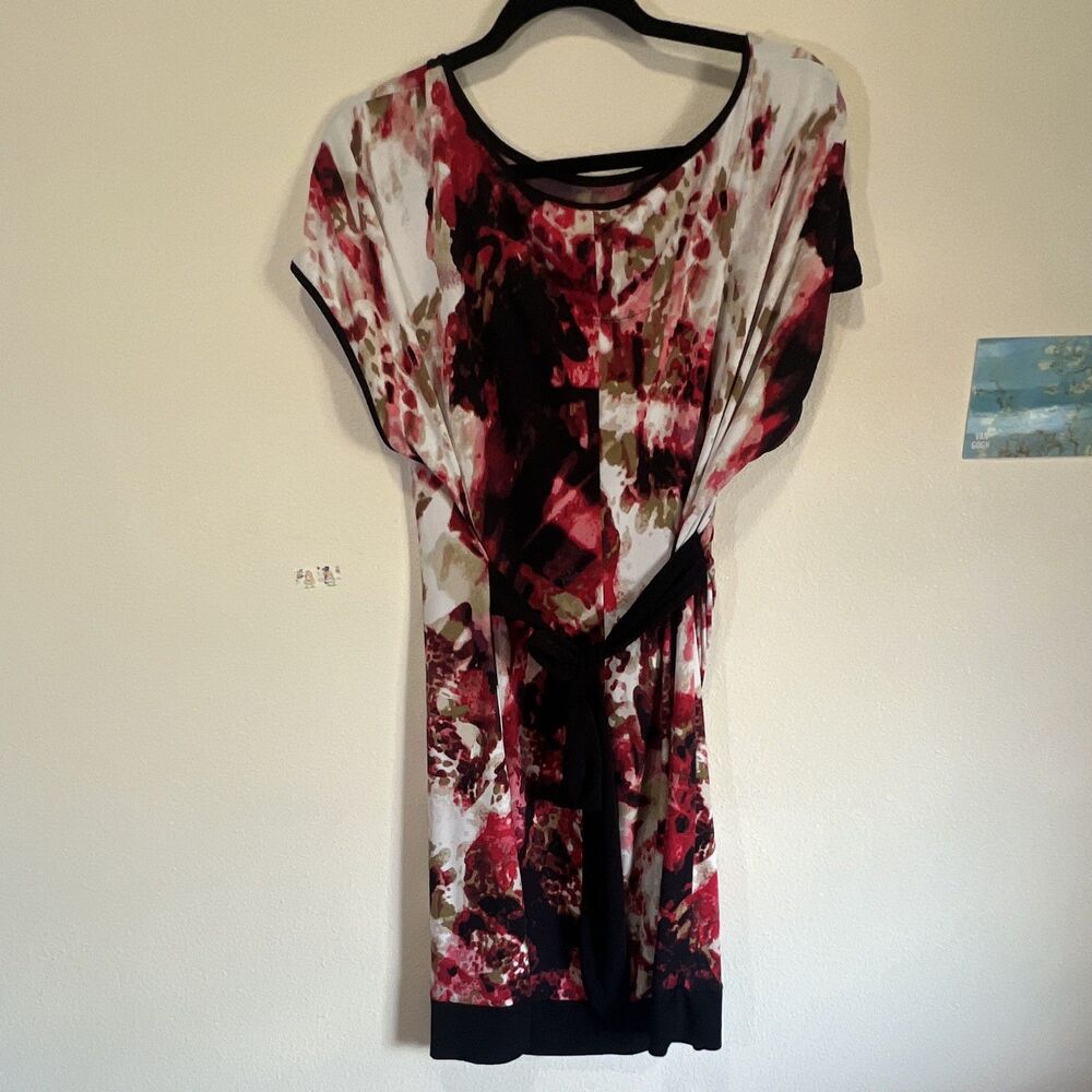 Calvin Klein Women’s XL Sheath Dress Abstract Red Black White Tie Waist - Picture 4 of 6